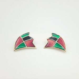 Artistic Mosaic Vintage Clip -on Earrings in Red and Green and Gold - 80s 90s
